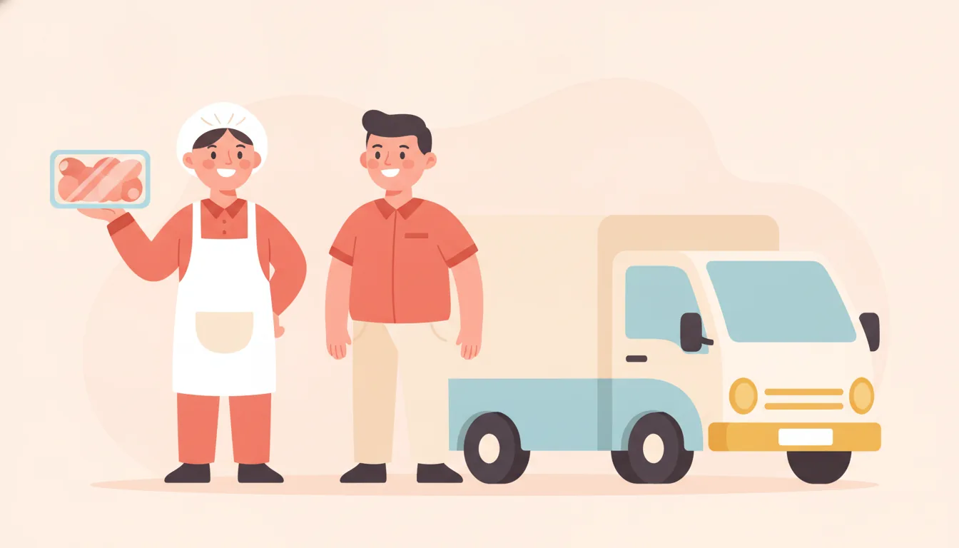 Công nhân ngành chế biến thực phẩm đeo tạp dề cạnh tài xế ngành vận tải ô tô — hai hướng Tokutei đang tuyển